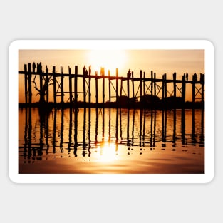 Silhouette of People on Long Wooden Bridge in Mandalay, Burma Sticker